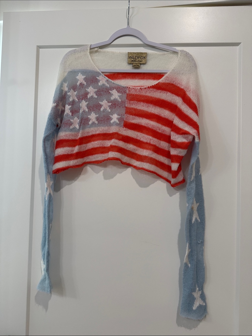 Wildfox Cropped American Flag Knit Top in Red, White & Light Blue